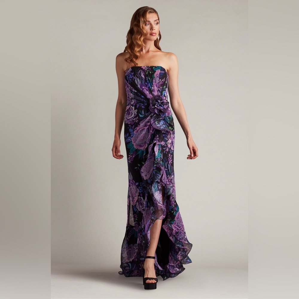 Tadashi Shoji Side Ruffle Strapless Gown, purple size 6, EUC